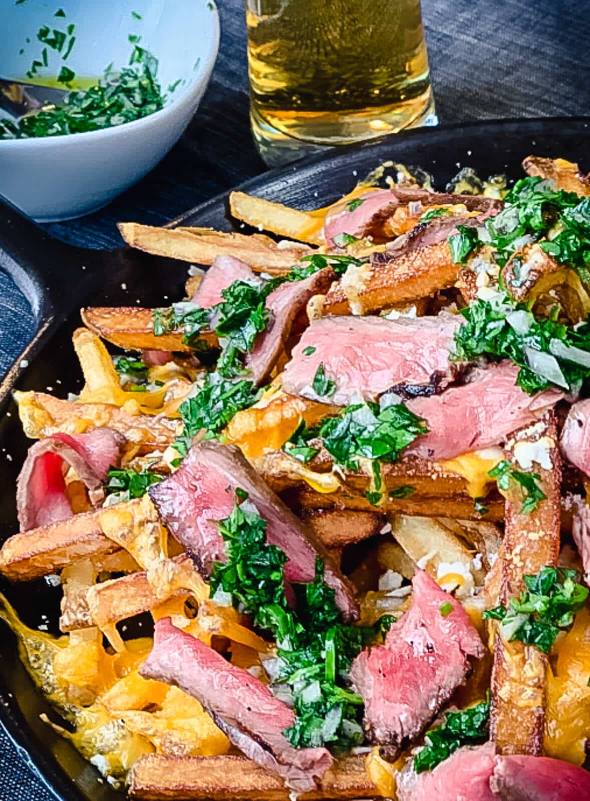 steak frachos on a cast iron dish