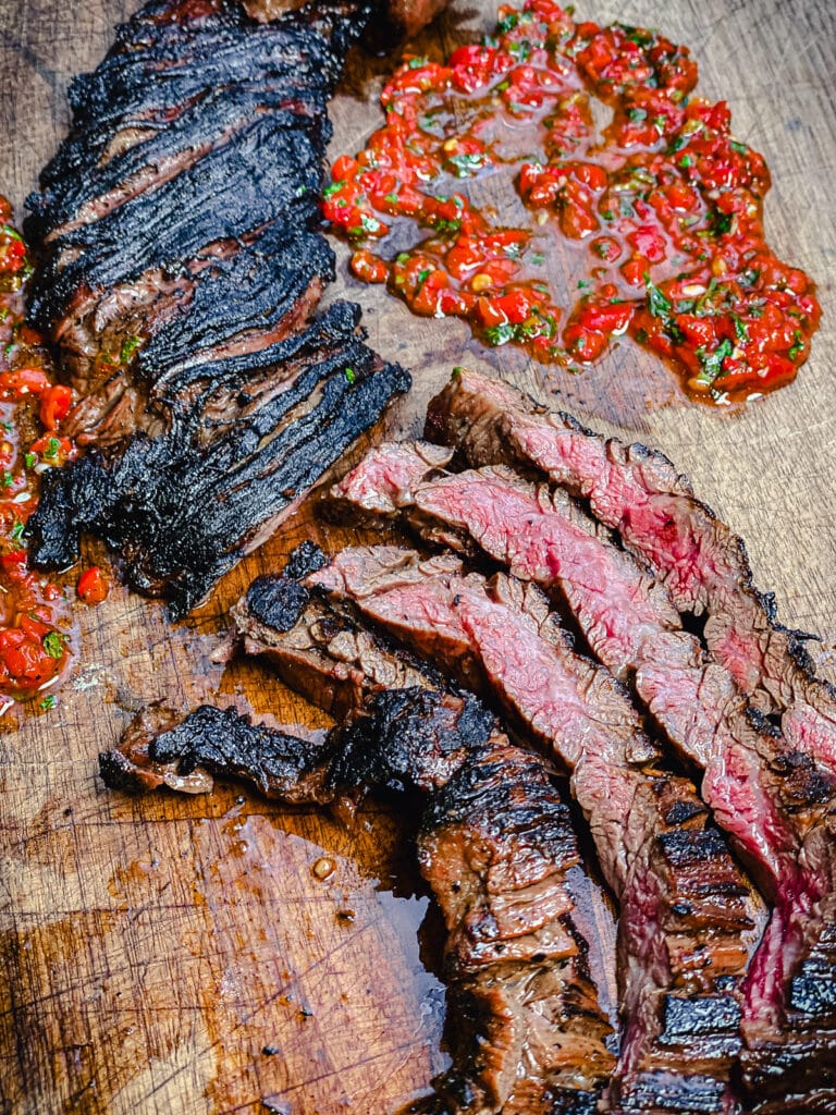 medium rare skirt steak seared and sliced 