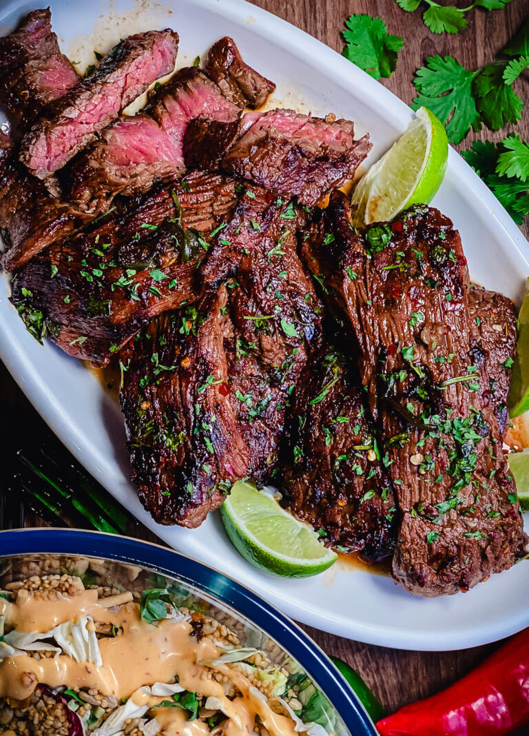 How To Cook Flap Steak Grillseeker   Sliced Flap Steak On Platter Recipe Card 768x1068 