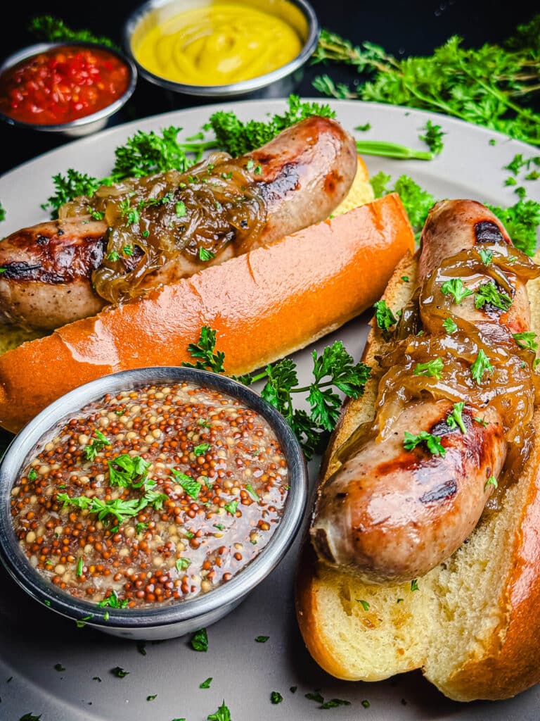 beer brats in buns on a plate with whole grain mustard