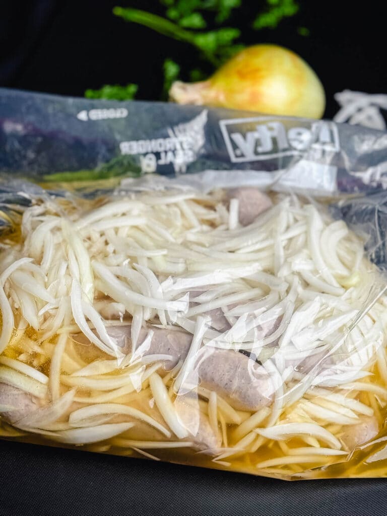 sealed bag of beer brats, and onions.