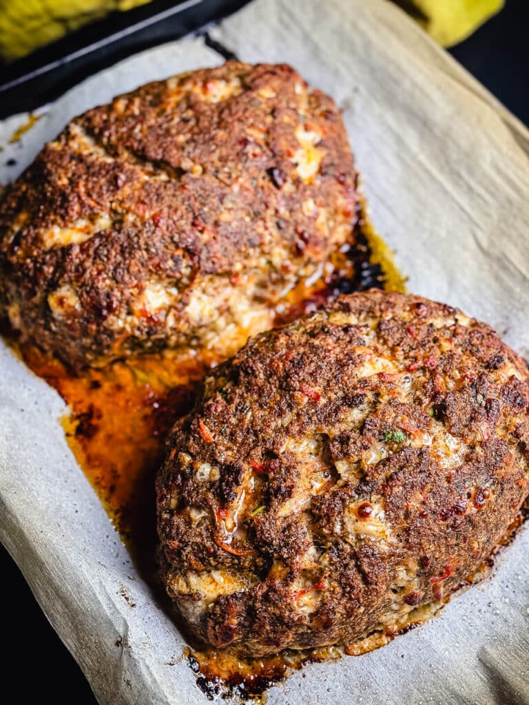 baked turkey meatloaf on a baking sheet