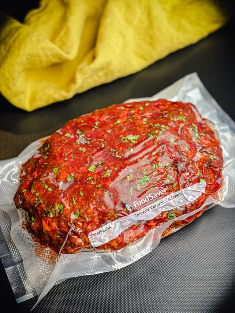 frozen meatloaf in a sealed plastic bag