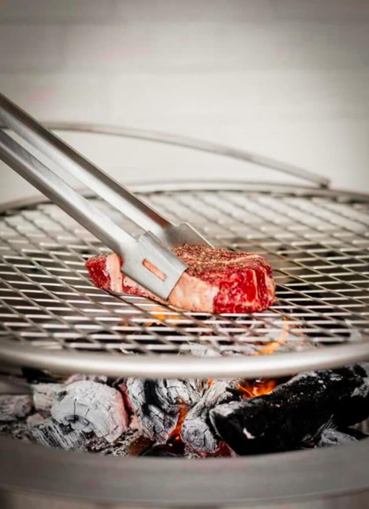 steak on a grill grate just above a fire