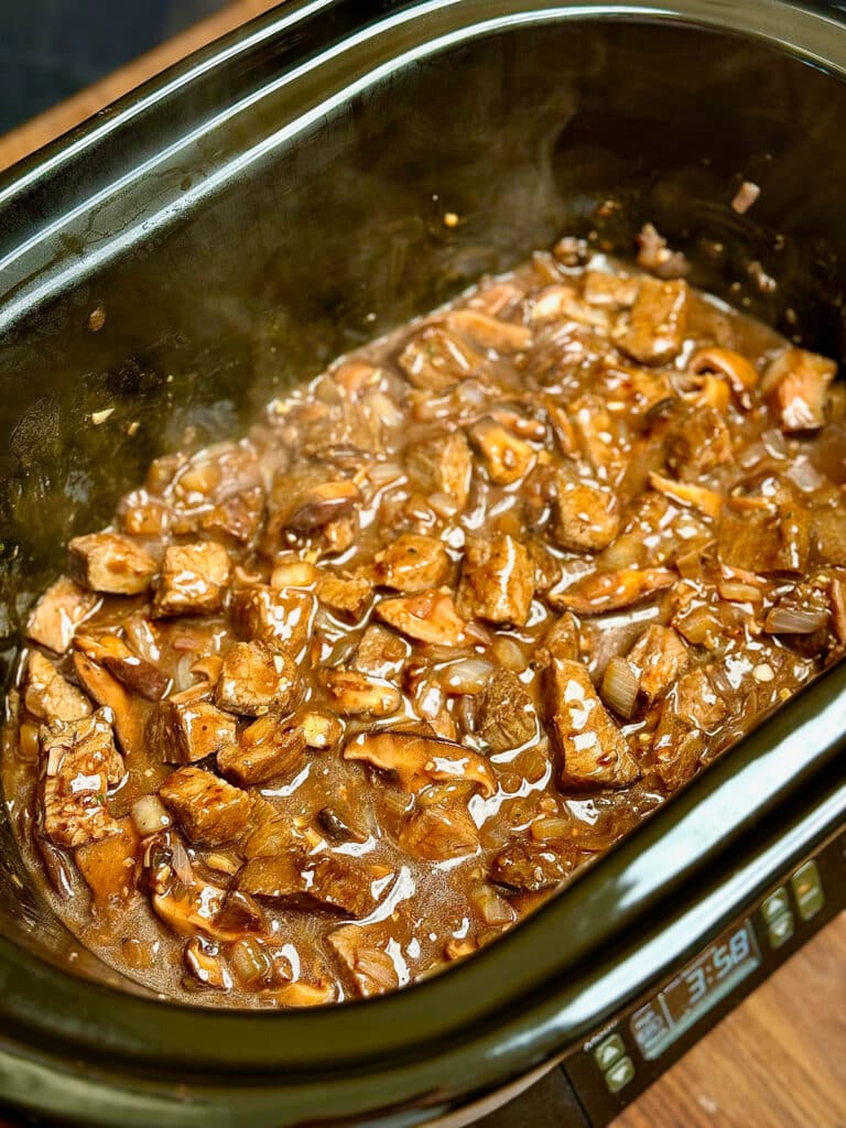 slow cooker beef tips in a crock pot