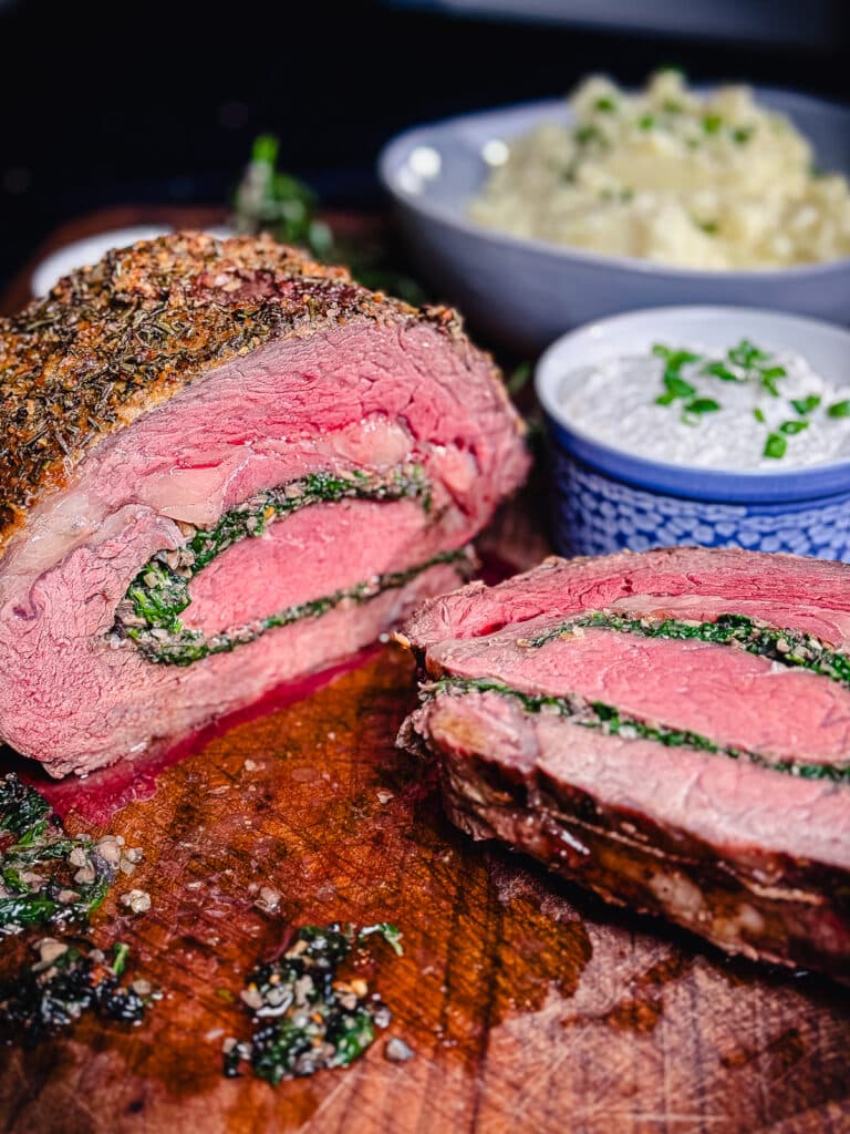 close up shot of a sliced prime rib roast