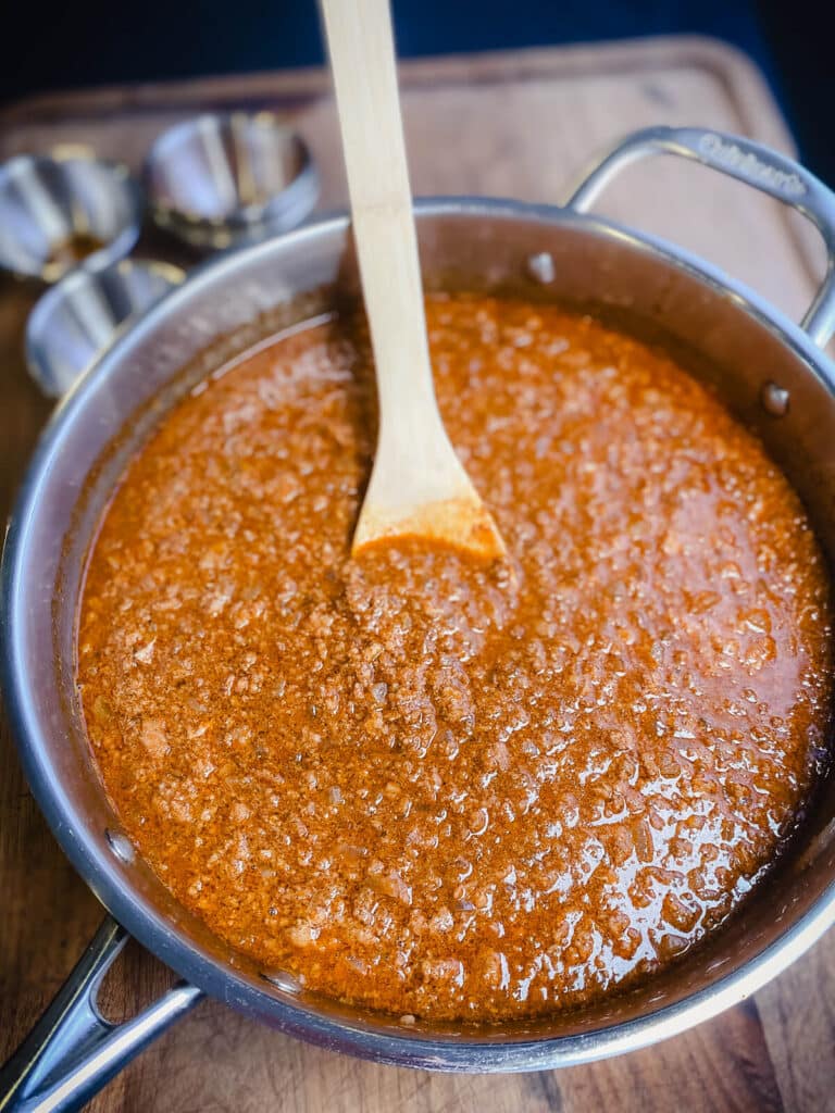 overhead shot of coney island hot dog sauce