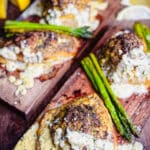 crab stuffed grouper on a cedar plank