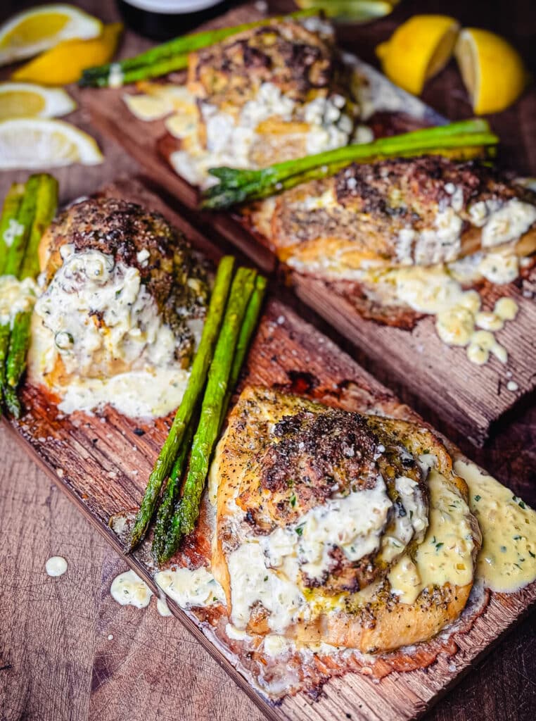 crab stuffed grouper on a cedar plank with asparagus 