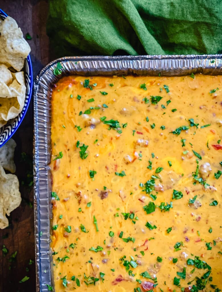 close up shot of queso dip in a tray