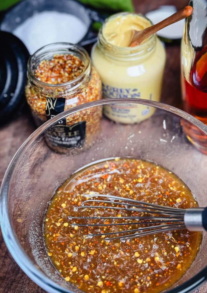 mustard glaze mixed together in a glass bowl