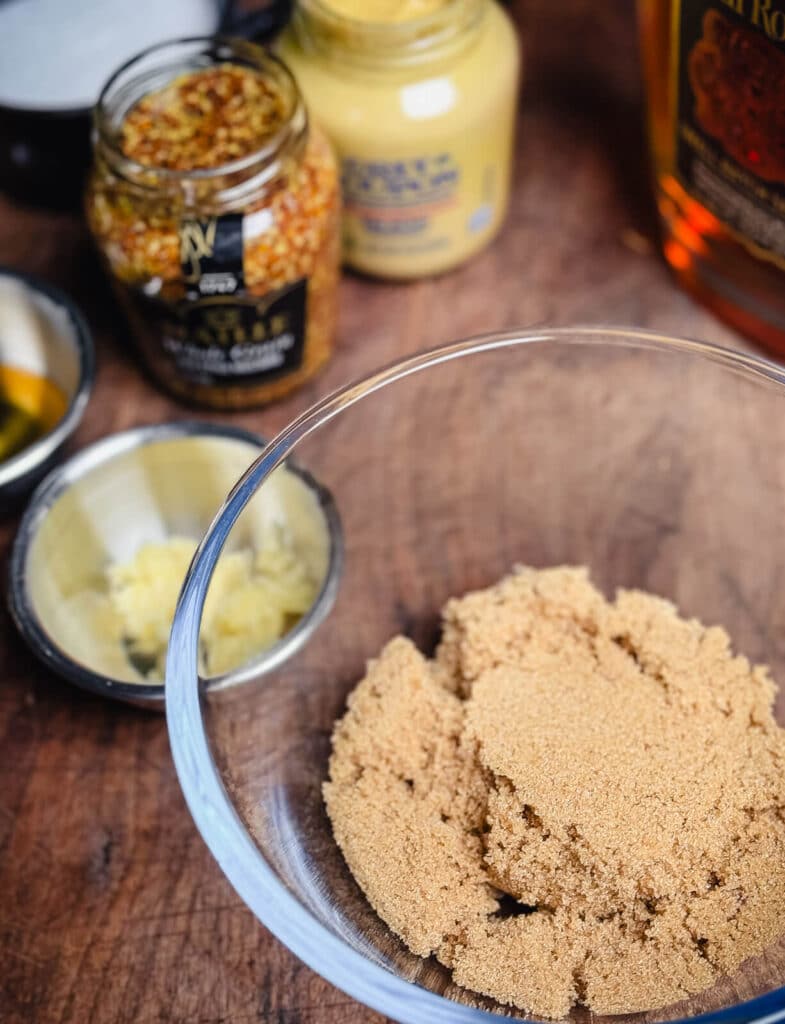 ingredients for mustard glaze on a cutting board