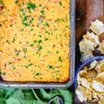 overhead shot of a pan of smoked queso dip